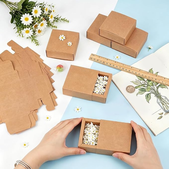 BENECREAT 20 Pack Brown Kraft Paper Drawer Boxes, 3.2x3.2x1.2 Inch Square Kraft Paper Gift Box Cookie Boxes for Wedding Party Gifts, Jewellery Packaging