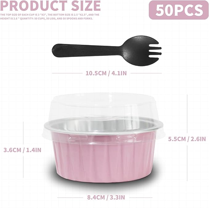 Mother's Day 50Pcs Mini Aluminum Foil Cupcake,5oz Baking Cups with Lids,Mini Cake Pans Disposable,Loaf Pans with Lids,Disposable Ramekins,Tin Cups Containers for Cupcake,Pudding,Muffin (50, Pink)
