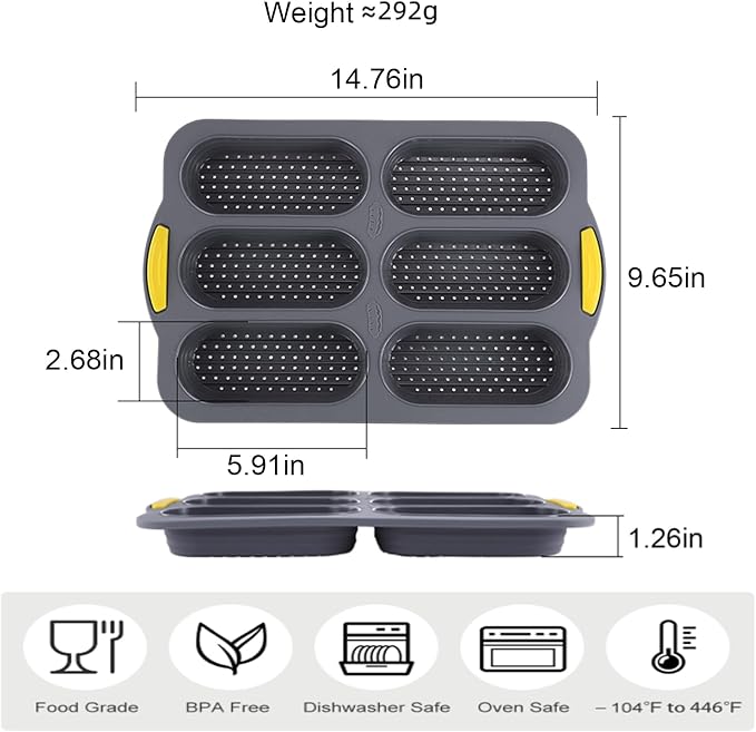 6-cavity Silicone Bread Loaf Pan, Nonstick Sourdough Loaf Pan & Heat Resistant Baguette Bread Pan, Bread Pans for Homemade Bread, Silicone Molds for Baking Hoagie Rolls, Hot Dog Bun