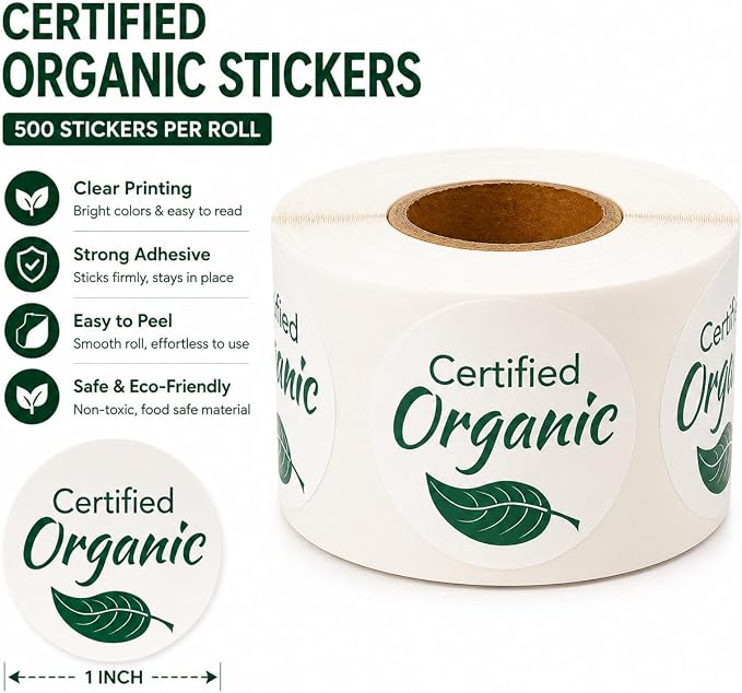 Organic Stickers 500PCS, 1 Inch Round Labels, Certified Organic Labels Roll, Food Packaging Stickers for Jars, Bakery, Homemade Products, Business Packaging Supplies
