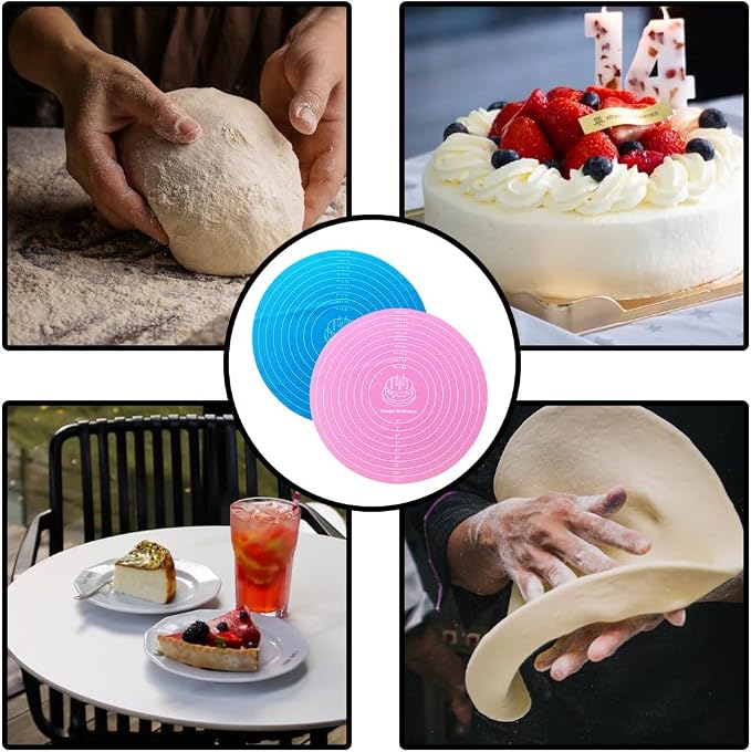 2-Pack 12 Inch Blue and Pink Silicone Baking Pad, Round Cake Decorating Mat for Rotating Stand, Non-Stick Fondant Work Surface, Washable Pastry Sheet for Bread Pizza Dough