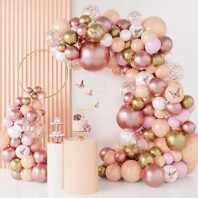 144Pcs Rose Gold Balloons Garland Arch Kit, Metallic Rose Gold Pearl White Confetti Balloons with 3D Butterfly Stickers for Birthday Wedding Baby Bridal Shower Party Engagement Decorations