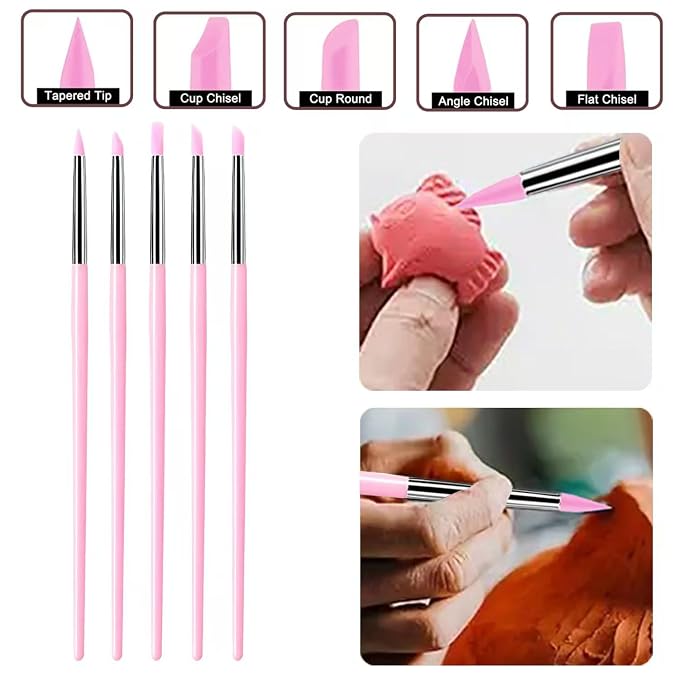 5Pcs Silicone Sculpting Tools, Pink Clay Sculpting Tools, Multi-Shape Silicone Brushes, Pottery Modeling Tools for Polymer Clay, Ceramics, Nail Art, Fondant & Craft DIY