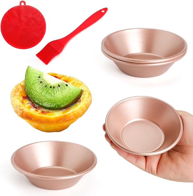 3 Inch Egg Tart Molds Set of 4, Gold Carbon Steel Mini Tart Pan Non-Stick Tartlet Pans, Includes Oil & Dish Brushes for Baking Cupcake Cake Muffin Mold Tin Pan for Cakes, Cookies, Desserts