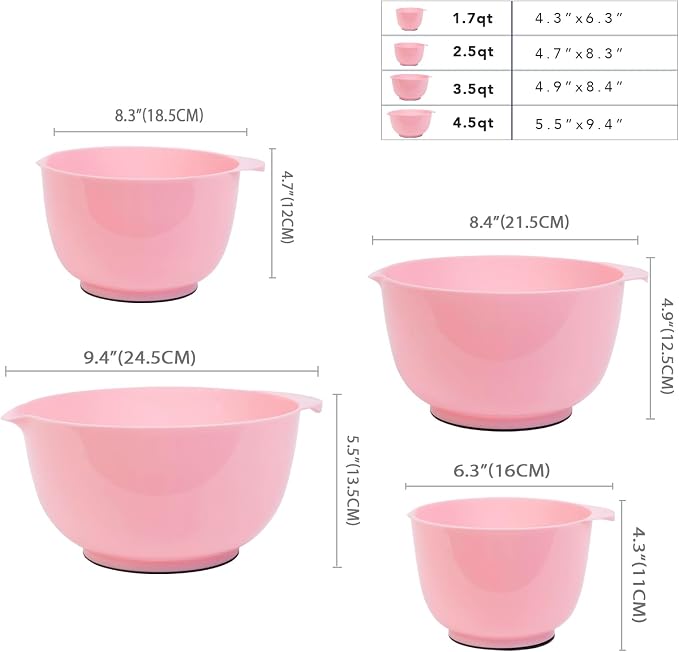 BoxedHome 4 Quart Large Plastic Mixing Bowls, Microwave Safe Mixing Bowl Set with Pour Spout, Nesting Bowls for Space Saving Storage(Fading Rose)