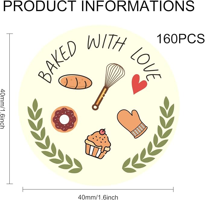 160 Pcs Baked with Love Stickers, 1.6 Inch Bakery Packaging Labels for Cottage Bakery, Cookie Bags, Bake Sale, Baking Business Essentials