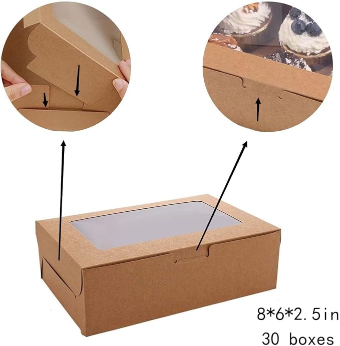 8x6x2.5 Inches 30pcs Brown Bakery Boxes with Window, Cookie Boxes for Gift Giving, Treat Boxes for Pastries, Donuts, Cupcakes, Wedding Dessert and Birthday Party.