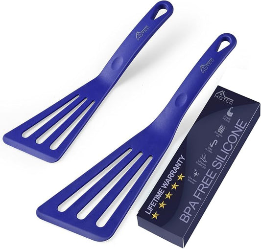 HOTEC 600℉ Heat Resistant Silicone Slotted Fish Turner Spatula Set, BPA Free Kitchen Cooking Spatulas, for Non Stick Cookware Dishwasher Safe Classic Blue, set of 2