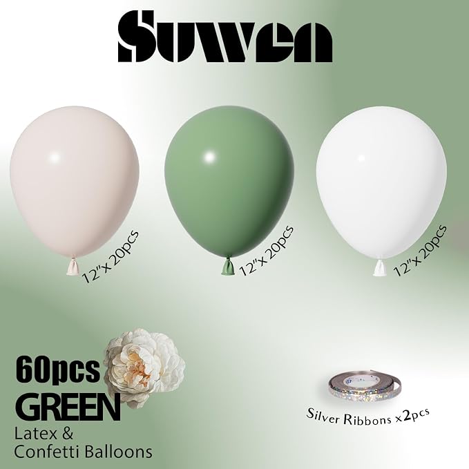 SUWEN Sage Green Balloons 60Pcs,12 inch Olive Green Sand White Latex Balloons for Boho Neutral Birthday Bridal Wedding Engagement Shower Party Decorations