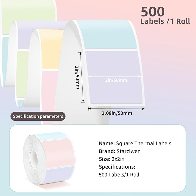 2"x2" 500pcs Square Thermal Labels, Colored Stickers for Thermal Printer | Waterproof, Multi-Color, Macaron Pastel, Oil-Proof, BPA-Free, Strong Adhesive, DIY Logo, Compatible with Munbyn/Rollo/Zebra