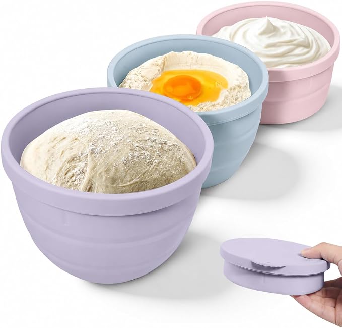 Forenee 3Pack Collapsible Silicone Bowl Liners for KitchenAid 4.5 Qt Mixer | Silicone Inserts with Lids for Dough, Batter, Baking, Mixing and Easy Storage