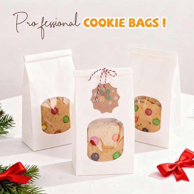 50 Pack Bakery Bags with Window, 3.9x2.3x8.2 Inches Tin Tie Tab Paper Cookie Bags White Small Gift Bag for Packaging Popcorn, Trail Mix, Treats, Snacks, Baked Goods, Party Favors | Grease Resistant