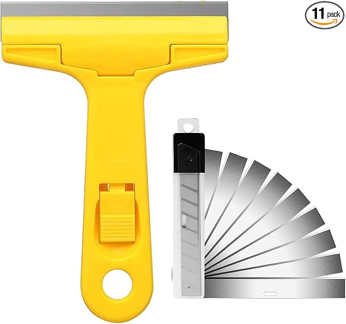 Razor Blade Scraper, 4" Scraper Tool with 10 Extra Replacement Metal Blades, Razor Scraper Remover for Cleaning Paint, Caulk, Adhesive, Label, Decal, Sticker from Window, Glass, Tile, Floor, Stove Top