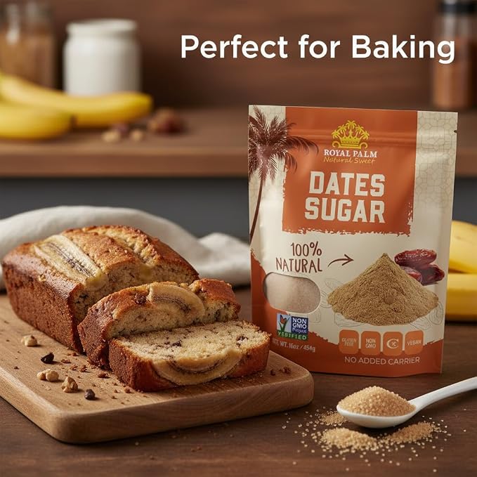 Royal Palm Pure 100% Date Sugar – Natural Sweetener & Palm Sugar Alternative - Vegan, Gluten-Free, Non-GMO & Kosher - Ideal for Baking, Coffee & Cooking - 16 oz