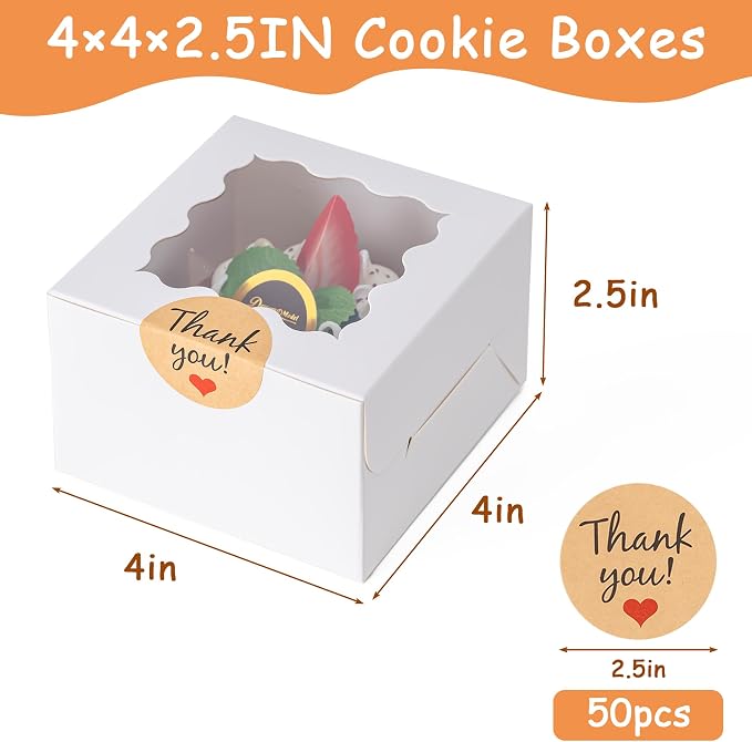 50pcs Cookie Boxes with Window, 4x4x2.5 Inches Bakery Boxes with 50pcs Stickers for Cookies, Bakery, Desserts, Candy, Chocolate Covered Strawberries, Mini Cake (White)