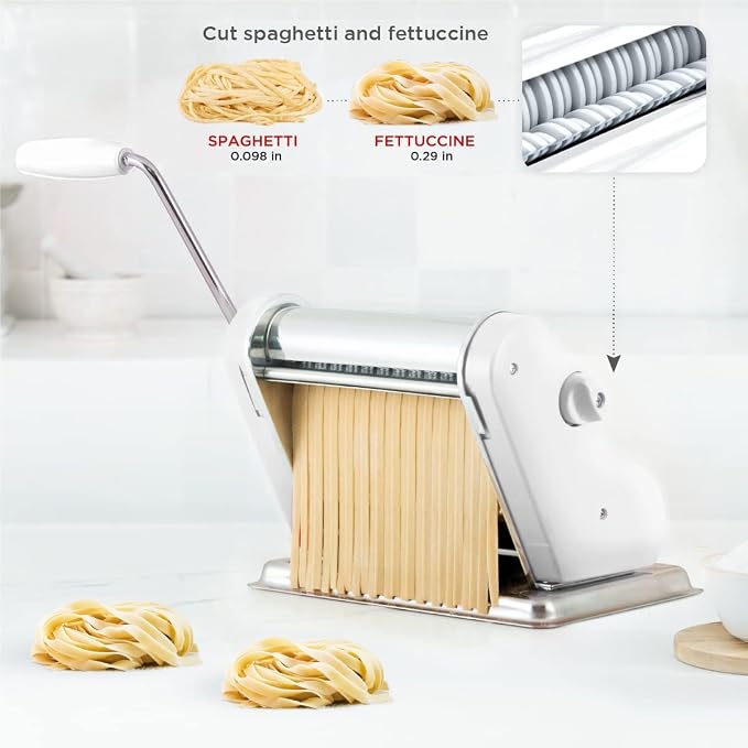 PASTALINDA Classic 200 Pasta Maker Machine, 20 cm Wide Rollers, 9 Thickness Positions, 2 Cutting Positions, Stainless Steel. Includes Reinforced Hand Crank And Two Clamps