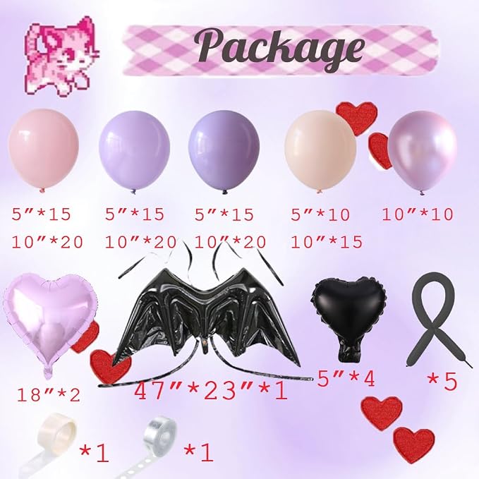 Kawaii Balloon Garland Arch Kit, 152Pcs Pastel Pink and Purple Metallic Purple Balloons with Wearable Wing Heart Star Foil Balloons for Cute Girl Birthday Kawaii Baby Shower Princess Party Decorations