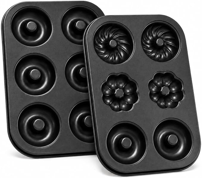 Donut Pan for Baking, 2 Pack 6-Cup Flower Shaped Doughnut Mold, 12 Cavity Bakeware for Homemade Donuts, Cakes, Bagels and Breakfast Treats Black