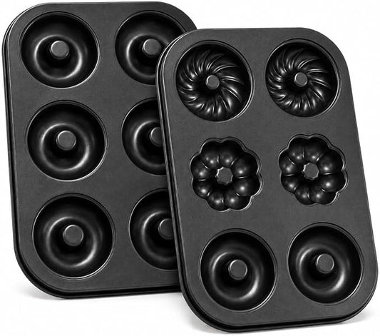 Donut Pan for Baking, 2 Pack 6-Cup Flower Shaped Doughnut Mold, 12 Cavity Bakeware for Homemade Donuts, Cakes, Bagels and Breakfast Treats Black