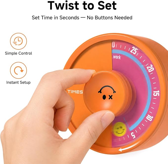 60-Minute Visual Timer, Twist to Set, Loud Battery-Powered Alarm, Bright Rotary Countdown Dial for Focus, Study, Classroom, Office & Home (Orange Smile)
