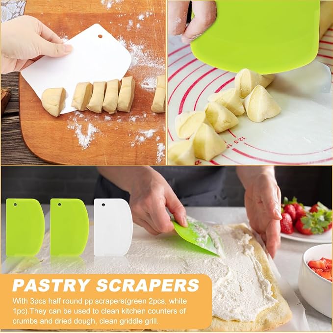 5Piece Dough Scraper Set, 2 Stainless Steel Bench Scrapers with Scale + 3 Plastic Bowl Scrapers, Non-Slip Handle, for Baking Pizza Bread Cake