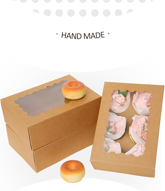 qiqee Auto-pop Up Cupcake Boxes with Window Brown 100PCS 6 Count Cupcake Box 9.4"x6.1"x3" Cupcakes Carrier, 6 Cupcake Containers