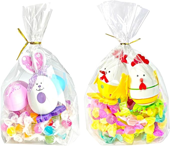 PigPotParty Cellophane Treat Bags 7x10 Inch, 100 Pack Clear Goodie Bags with Bottom Gusset for Stand-Up Display, Small Plastic Gift Wrap for Cookies, Candy, Party Favors, Popcorn, Includes 100 Ties