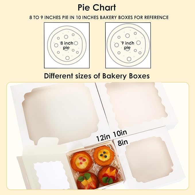 Moretoes 6pcs Pie Boxes, 10x10x2.5 Bakery Boxes with Window, White Bakery Boxes for Pies, Dessert, Donuts, Muffins