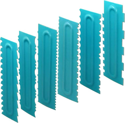 Cake Scraper Polisher Set of 6 Pack Decorating Comb and Icing Smoother Mousse Butter Cream Cake Edge Tools, Plastic Sawtooth 12 Design Textures-Blue