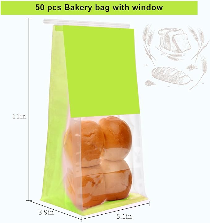 50-Pack Reusable Bakery Bags - Windowed Kraft Paper Bags with Seal & Tin Tie Tab Lock - Upright Cookie, Bread & Pastry Packaging (Green)