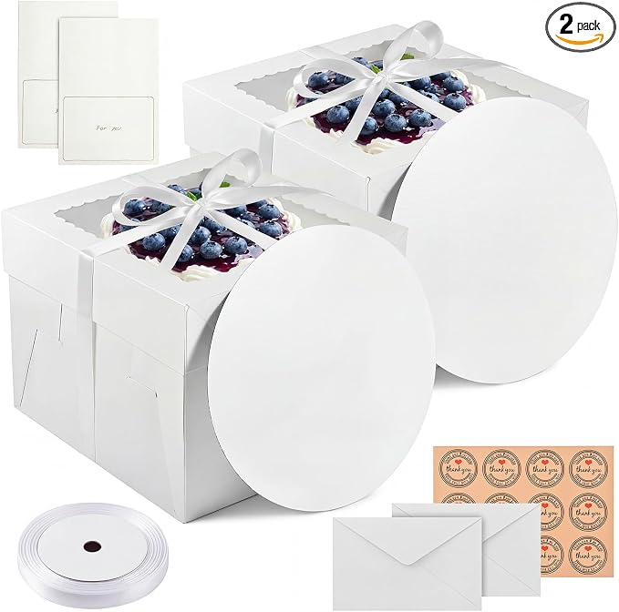 2 Pack 10 x 10 x 8 in Cake Boxes with Window & Cake Boards — Disposable Cake Carrier Boxes with Lid, Includes Stickers, Envelopes, Greeting Cards & Ribbon — Bakery Boxes for Cakes & Cupcakes