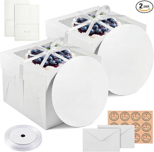 2 Pack 10 x 10 x 8 in Cake Boxes with Window & Cake Boards — Disposable Cake Carrier Boxes with Lid, Includes Stickers, Envelopes, Greeting Cards & Ribbon — Bakery Boxes for Cakes & Cupcakes