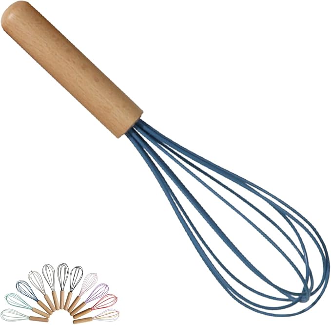 1-Piece Blue Silicone Whisk with Wooden Handle BRIIEC 10-inch Non Stick Balloon Whisk Egg Beater for Pancake Batter, Eggs and Egg Whites, Cake Mix, Blending, Gravy and Sauces