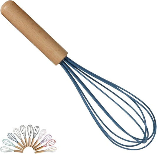 1-Piece Blue Silicone Whisk with Wooden Handle BRIIEC 10-inch Non Stick Balloon Whisk Egg Beater for Pancake Batter, Eggs and Egg Whites, Cake Mix, Blending, Gravy and Sauces