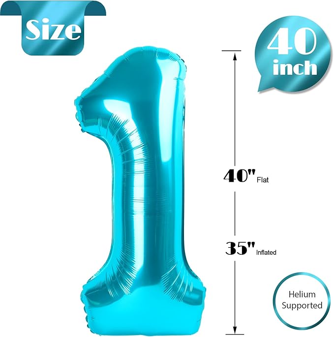 Light Blue Number 1 Balloon 40 Inch, 1st Birthday Balloon for Baby Boy Girl Toddler First Birthday Decorations, Shiny Light Blue Party Supplies