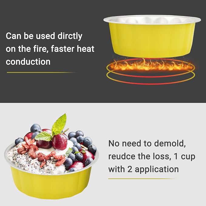 Beasea Aluminum Cups for Baking, 8oz 100 Pack Disposable Ramekins with Lids, Lemon Yellow Aluminum Foil Cups Creme Brulee Muffin Cupcake Baking Cup Mini Pudding Cups for Party Wedding Birthday
