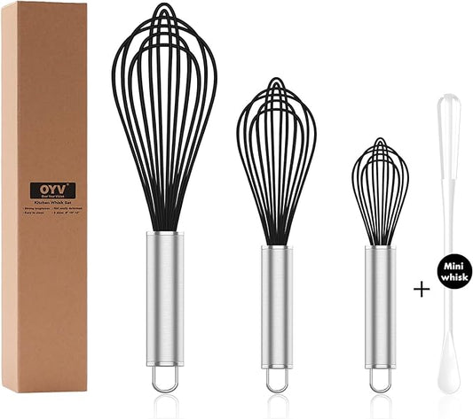 OYV Silicone Whisk,3 pack Professional whisks for cooking non scratch,Stainless Steel & Silicone wisk,plastic rubber whisk for nonstick cookware,small silicone whisk set,black