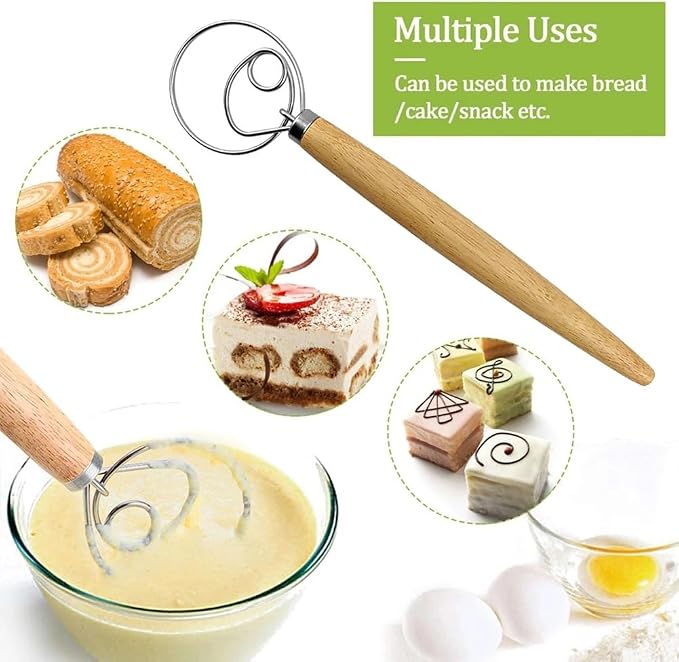 Danish Dough Whisk with Dough Scraper Bread Lame with 5 Blades and Leather Cover 13" Dutch Bread Whisk Bread Mixer Stainless Steel Dutch Bread Dough Whisk Hand Mixer for Sourdough, Pizza, Pastry, Cake