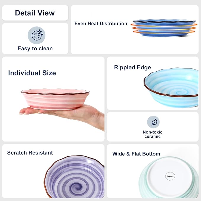 Selamica Ceramic Mini Pie Pans, 6 Inch Pie Dish for Baking, Small Pie Plate with Fluted Edge for Dessert Apple Pie, Oven Safe, Set of 6, Gradient Color