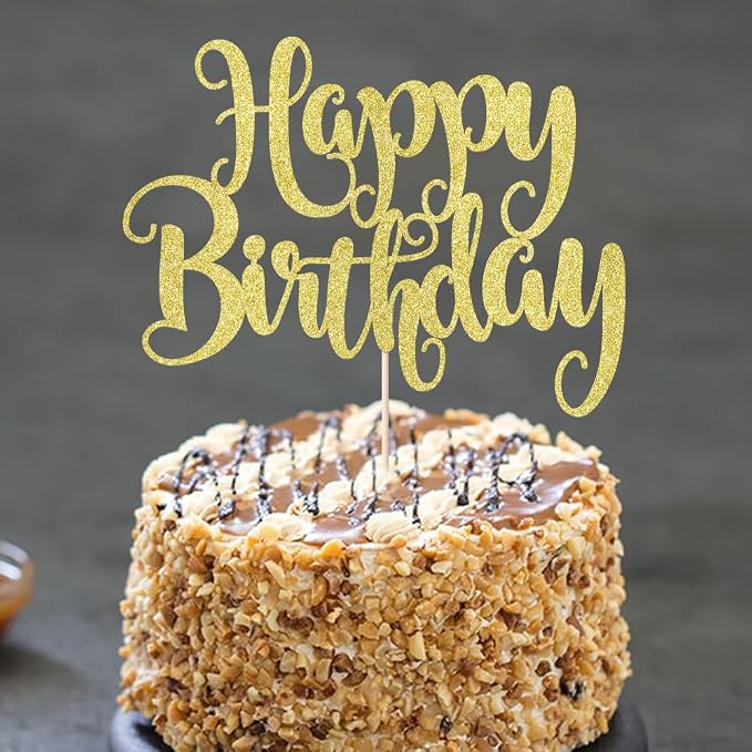 Happy Birthday Cake Topper- Glitter Happy Birthday Cake Decor, Handmade Anniversary/Birthday Party Supplies (Gold)