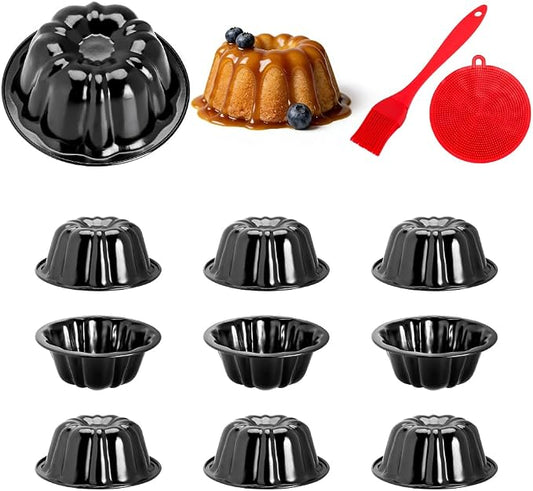 10Pcs 4 Inch Mini Fluted Cake Pan Nonstick Mini Fluted Tube Cake Pan, Carbon Steel Mini Flan Molds Pan with Oil&Dish Brushes, Reusable Oven Baking Mold for Cupcake, Bread Chocolate, Brownie