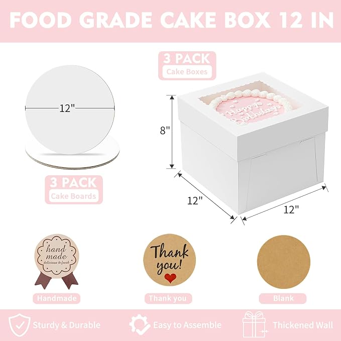 5 Pack Cake Boxes 12 Inch, White Square Cake Boxes with Cake Boards, Disposable Cardboard Cake Containers with Lids for Pastry Donuts Pies Cookies Desserts Wedding Birthday Party (12×12×8 In)