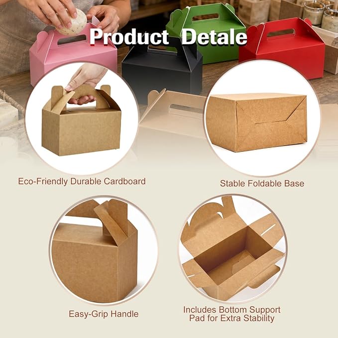 Aosric Small Kraft Gable Boxes 3.5 x 3.5 x 6.3 In, 30 Pack | Premium Kraft Cardstock Favor Boxes with Handles for Bakery, Small Business Packaging, Cookies, Party Treats & Farmers Market