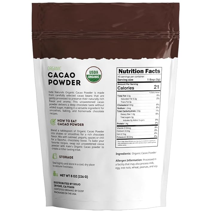 Kate Naturals Organic Cacao Powder, 8 oz – Unsweetened Raw Cocoa Powder, Non-GMO, Vegan, Gluten Free, Rich Chocolate Flavor for Baking & Smoothies
