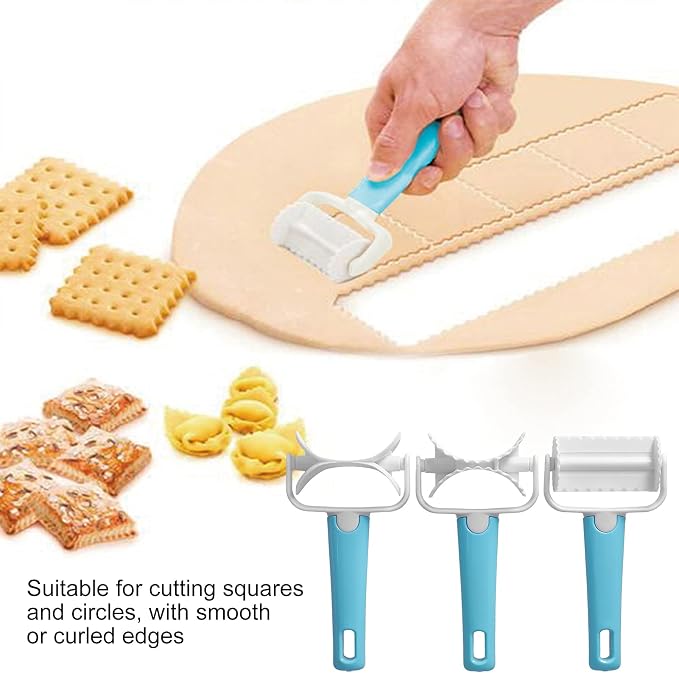 Alvinlite 3Pcs Rolling Pastry Cutter set|Round Roller Fondant Slicer|DIY Dough Cutter Roller Baking Accessory for Wonton Biscuit Cookies Dumpling Cake Making cookie cutter