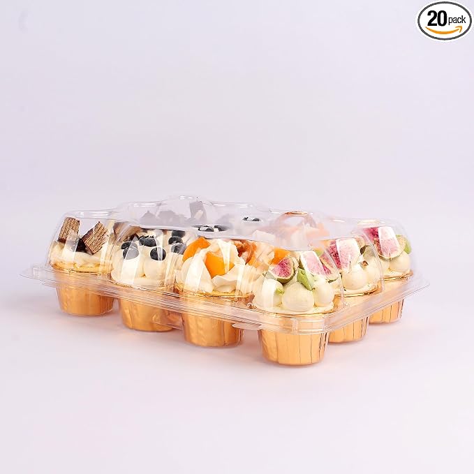 12 Count Cupcake Containers with Tall Dome Lids, 20 Pack Clear Plastic Stackable Cupcake Boxes, Detachable Covers for Frosted Cupcakes, Standard Size Carrier for Parties, Bake Sales, Events