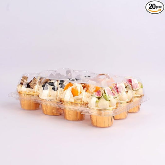 12 Count Cupcake Containers with Tall Dome Lids, 20 Pack Clear Plastic Stackable Cupcake Boxes, Detachable Covers for Frosted Cupcakes, Standard Size Carrier for Parties, Bake Sales, Events