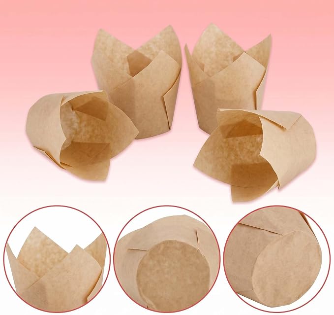 200 Pcs Natural Tulip Cupcake Liners for Baking, Standard Size | Standard Greaseproof Tulip Muffin Liners for Baking, 3oz Natural Paper Cupcake Wrappers for Party Wedding Birthday