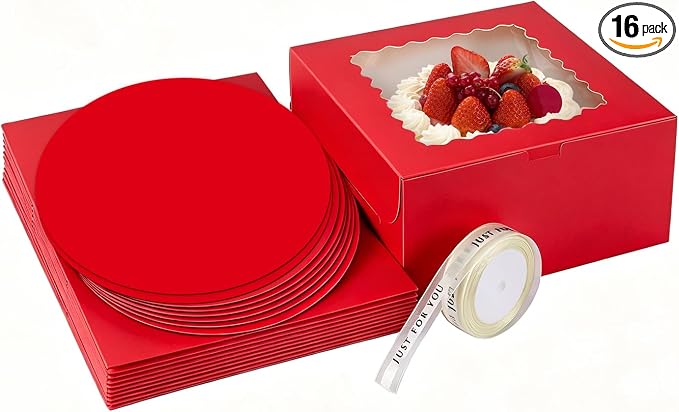 16pcs 10x10x5 Inches Cake Boxes,8pcs Red cake Box and 8pcs Boards,Cajas Pasteles for Disposable 10 inch Cake box with Window (Red, 10 * 10 * 5inch/16pcs)