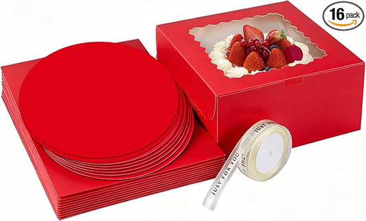 16pcs 10x10x5 Inches Cake Boxes,8pcs Red cake Box and 8pcs Boards,Cajas Pasteles for Disposable 10 inch Cake box with Window (Red, 10 * 10 * 5inch/16pcs)